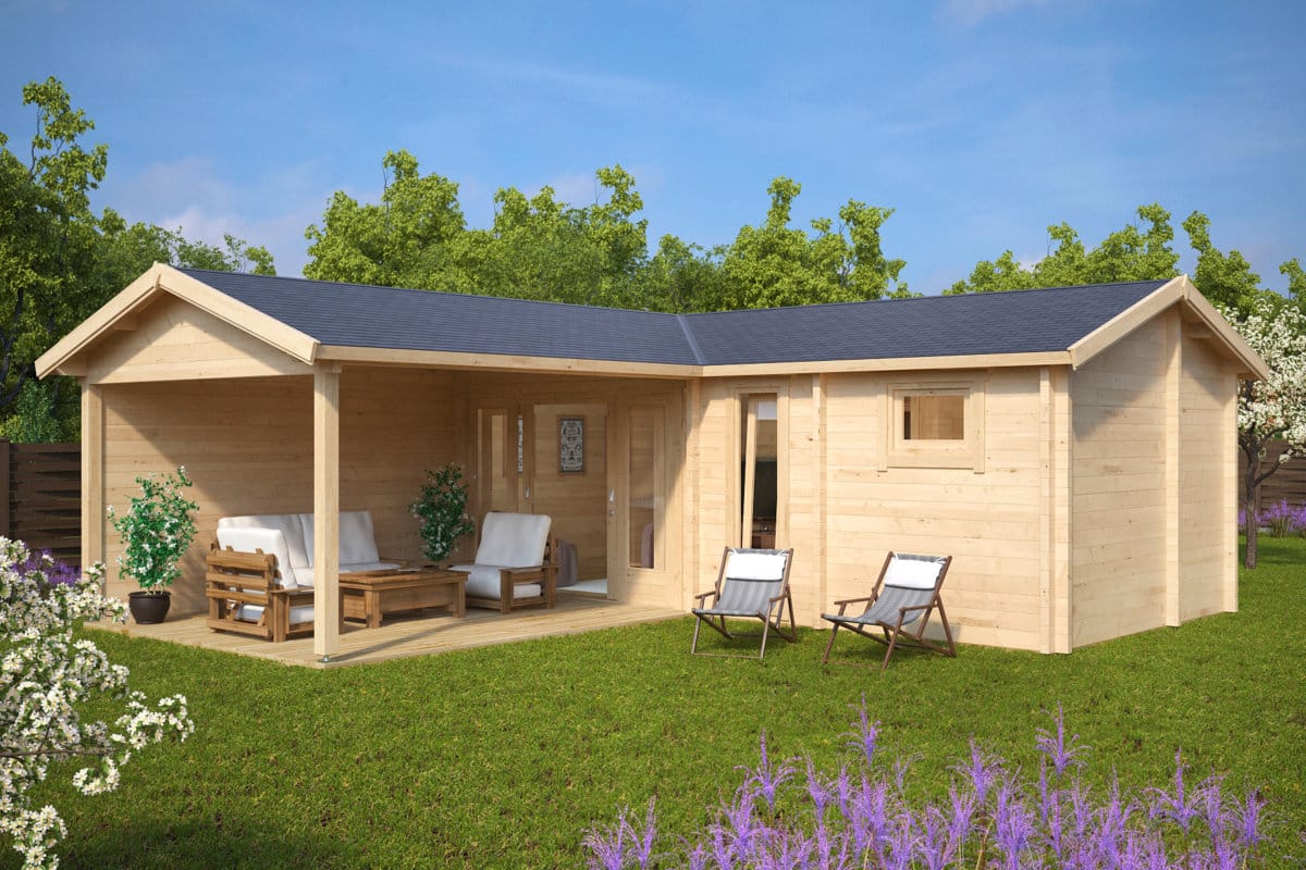 Holzgartenhaus mit Sauna und Terrasse “Hansa B” 7x7m | Holzgartenhaus mit Sauna | 3x7m großes Holzgartenhaus mit Anbau mit Sonnendach, mit Terrasse, mit Sauna