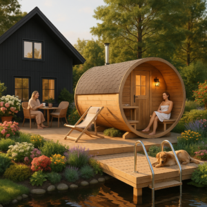 Große Fasssauna mit Terrasse 4x2m | Sauna mit Terrasse | Große Fasssauna kaufen | Holz-Sauna kaufen | Saunafass aus Thermoholz oder Fichtenholz Unkategorisiert online kaufen